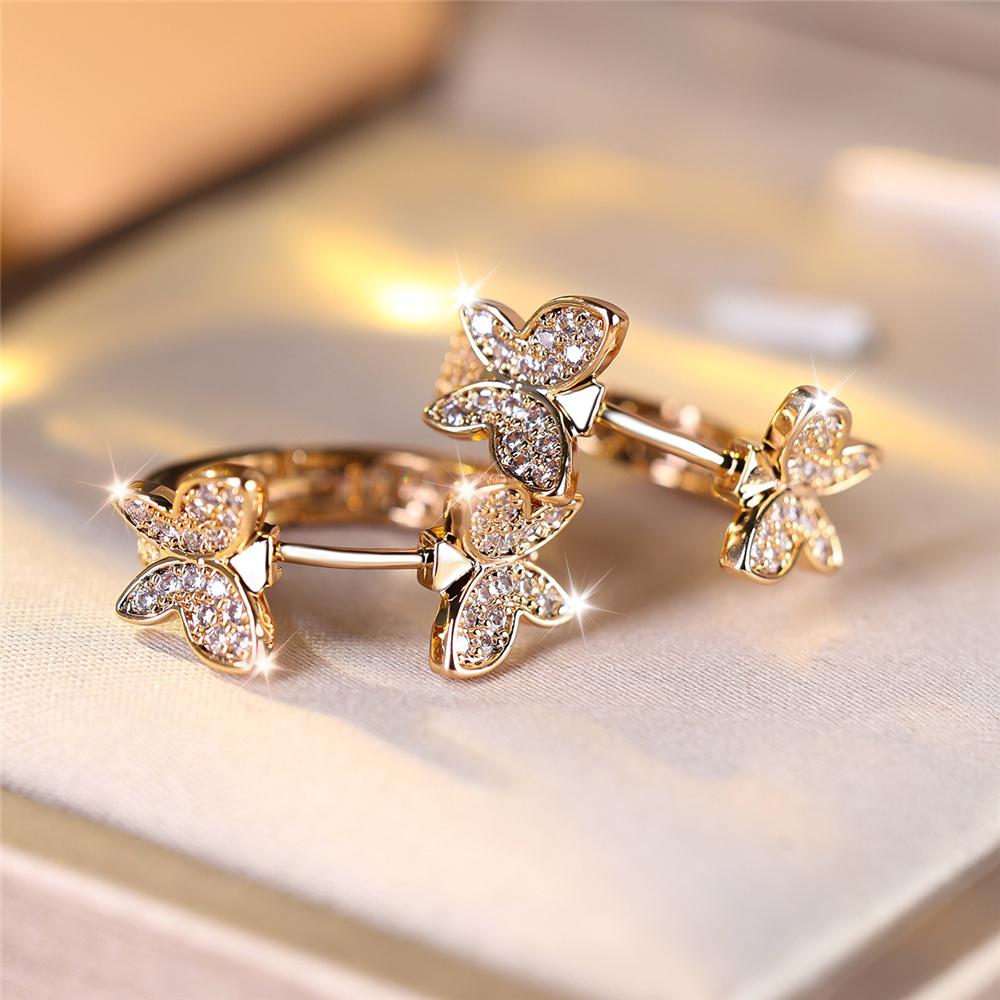 Charm Female White Crystal Stone Cute Butterfly Hoop Earrings Gold Color Simple Wedding Jewelry For Women