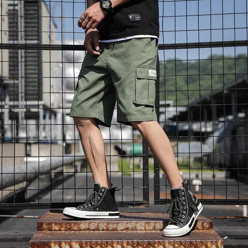 Men's Beige Cargo Shorts, Casual Loose Fit Drawstring Workwear Shorts with Pocket Label Detail