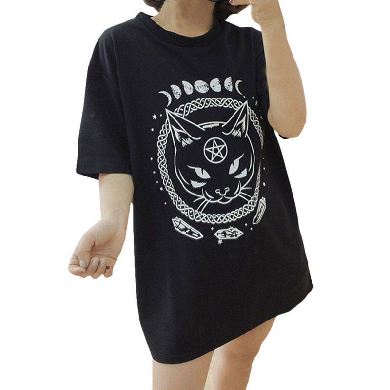 Damen Mädchen Lustiges Kurzarm Mond Katze Print Punk Gothic Lässiges Oberteil Bluse