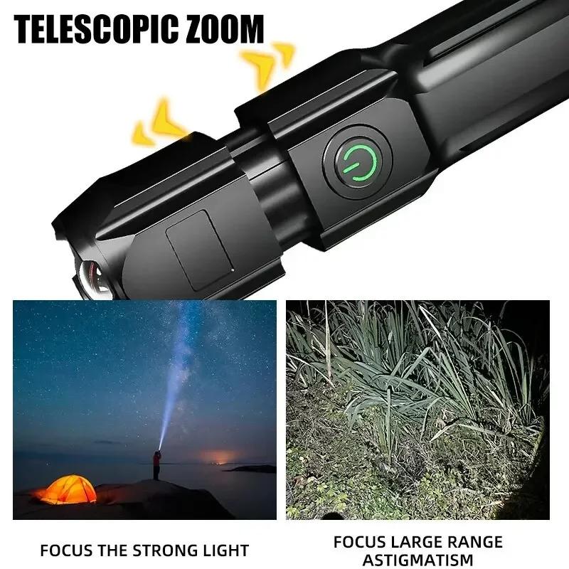 Telescopic Zoom Tactical Flashlights Rechargeable LED Torch 4 Lighting Modes Long-Range Waterproof Camping Fishing Flashlight