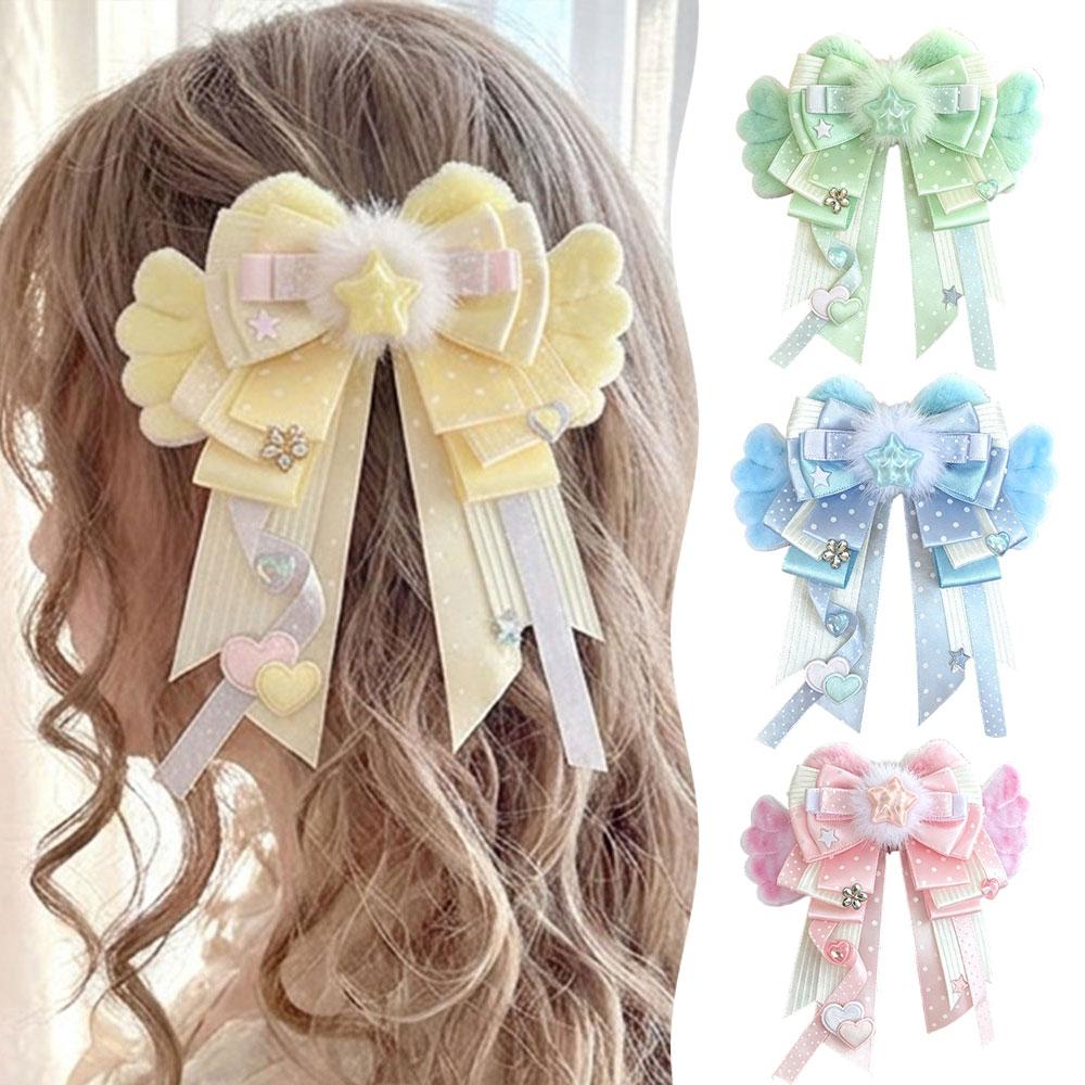Cute Plush Heart Wings Bow Brooch Badge Handmade Pastel Ribbon Pin With Star Heart Charm Ita Bag Decor Light Sticks Accessories