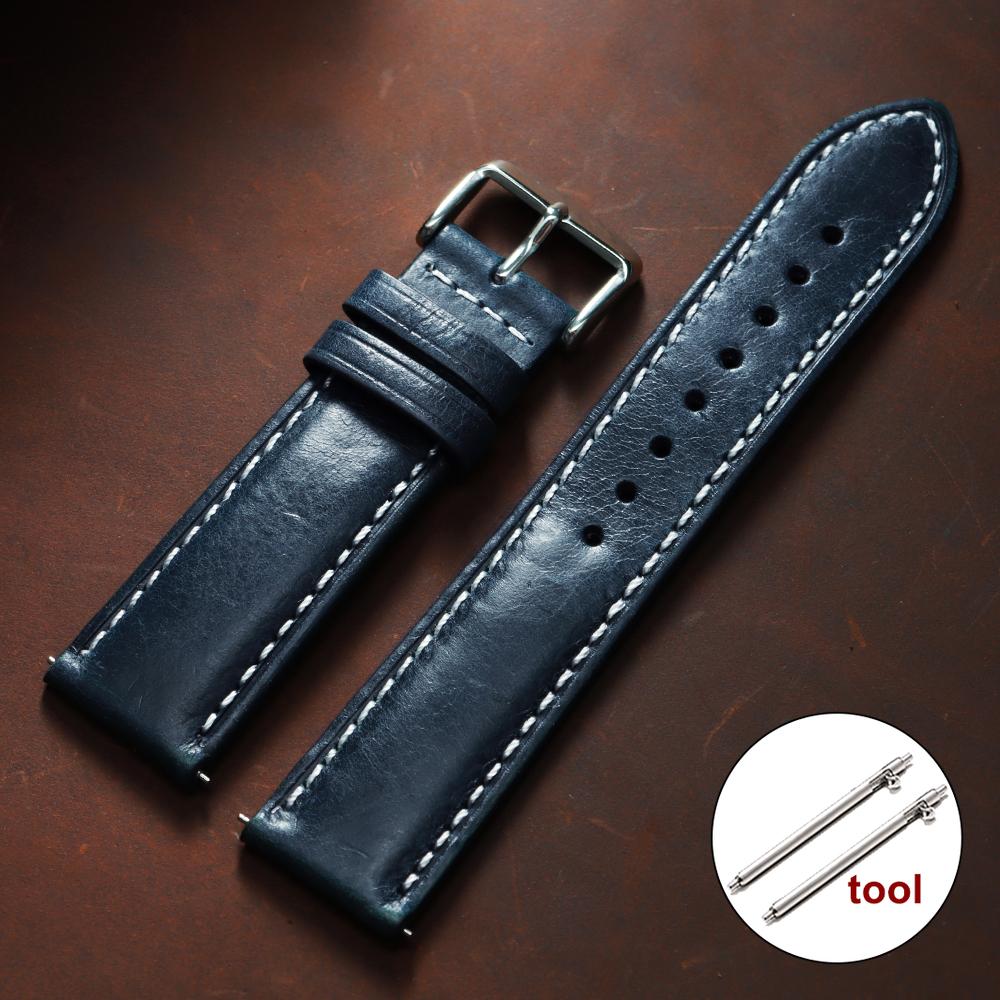 Oil Wax Calfskin Leather Watchband Retro Wrist Strap 18mm 20mm 22mm with Silver Stainless Steel Buckle Soft Material Watch Band