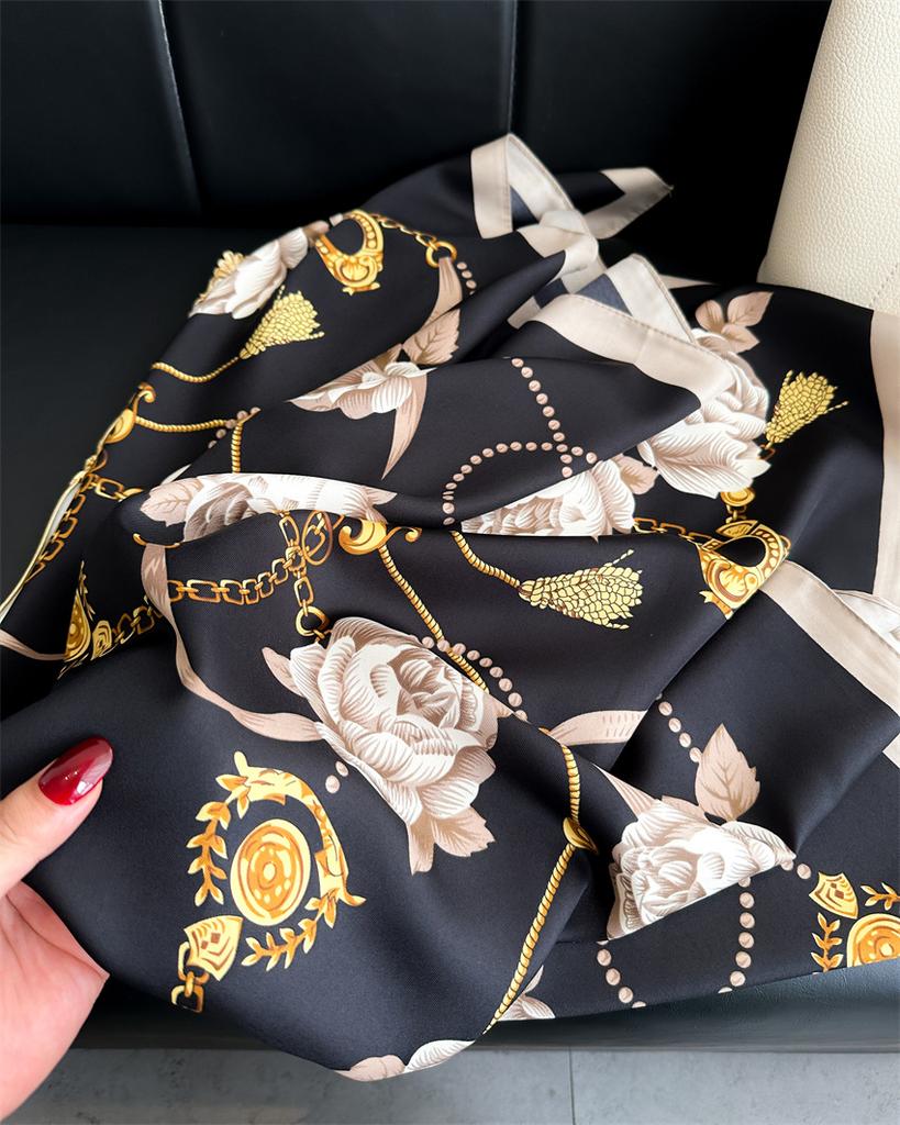 Luxury Brand Twill Camellia Printed Scarf Elegant Thin Smooth Satin Shawl Summer Windproof Sunscreen Square Scarf For Women