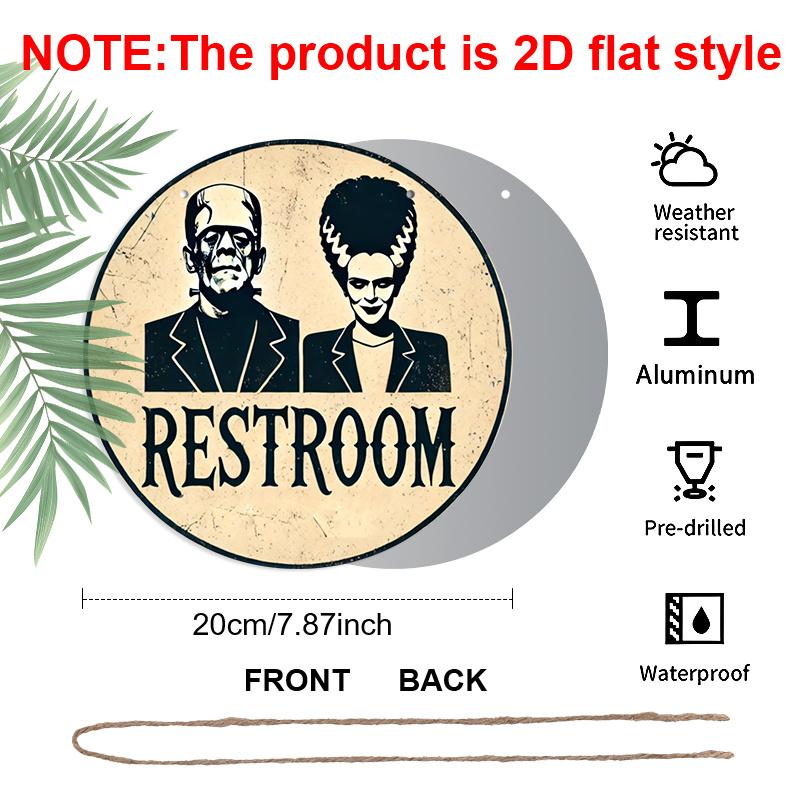 2D Flat, 1pc Frankenstein's Monster RESTROOM Metal Wall Sign - 7.87inch Round Bathroom Decor with Pre-Drilled Holes, Vintage Humorous Design for