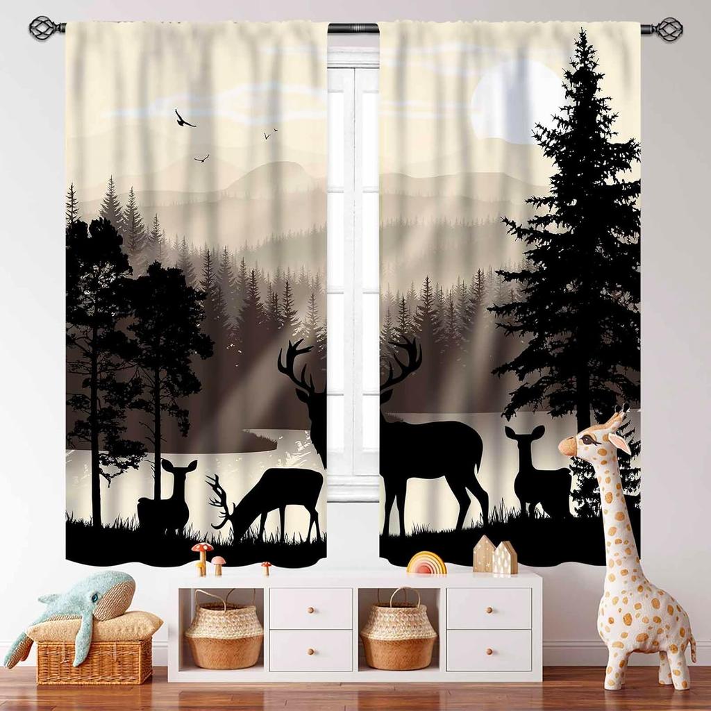 Rustic Deer Curtains,Farmhouse Cabin Lodge Country Forest Hunting Wild Animal Vintage Elk Window Treatments Drapes for Bedroom
