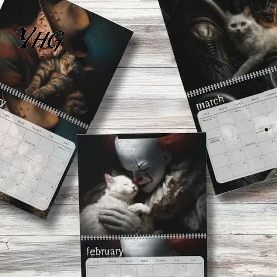 Wall Decoration for Studio 2027 Halloween Horror Movie & Cats Calendar, Creative Spiral Spooky Film Poster Bound Planner with Hanging Hole, Niche Fan