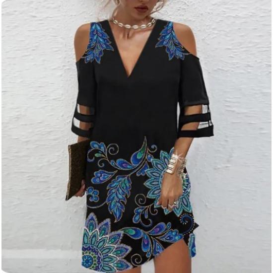 GMXIA Summer V-neck Positioning Floral Mesh Patchwork Five-sleeve Dress