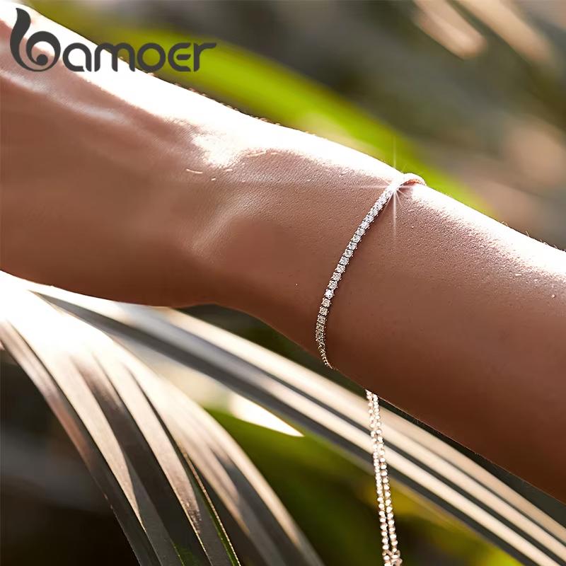 BAMOER Pulsera Clásica de Tenis Chapada en Oro de 18 Quilates con Circonita Cúbica para Mujer, Pulsera Ajustable con Deslizador de Plata 925, Joyería de Boda, Regalo