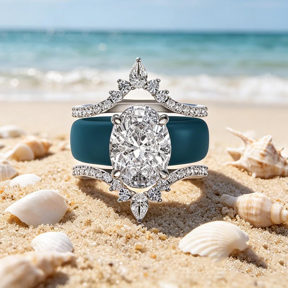 Teal/Blue Silicone Crown Wedding Ring Set S Oval Cut CZ Stackable Engagement Rings for Women Bridal Promise Jewelry Gift