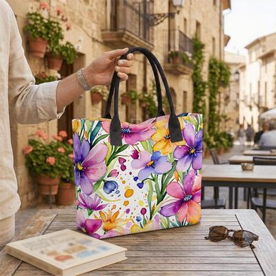 Floral Print Tote Bag Large Capacity Shoulder Bag for Daily Shopping Travel Use