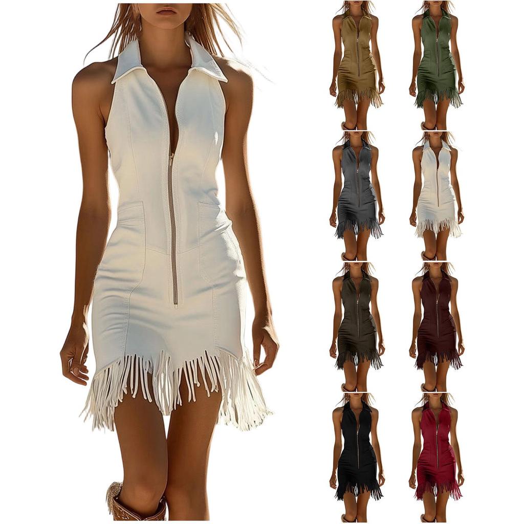 European Elegant Zipper Tassel Off-Shoulder Dress with Lapel - Sleeveless Solid Color Style