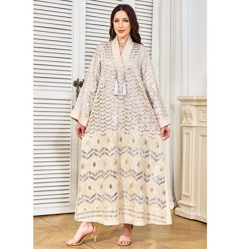 Middle East Robe Women's Long Dress New Sequin Full Embroidered Neckline Tassel Decoration Formal Dress Dubai Dress Dresses