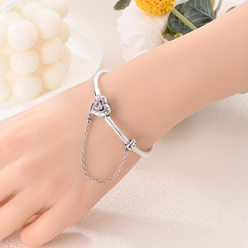Elegant 925 Sterling Silver Bracelet with Sparkling Heart Zircon and Safety Chain - Perfect Gift for Special Occasions