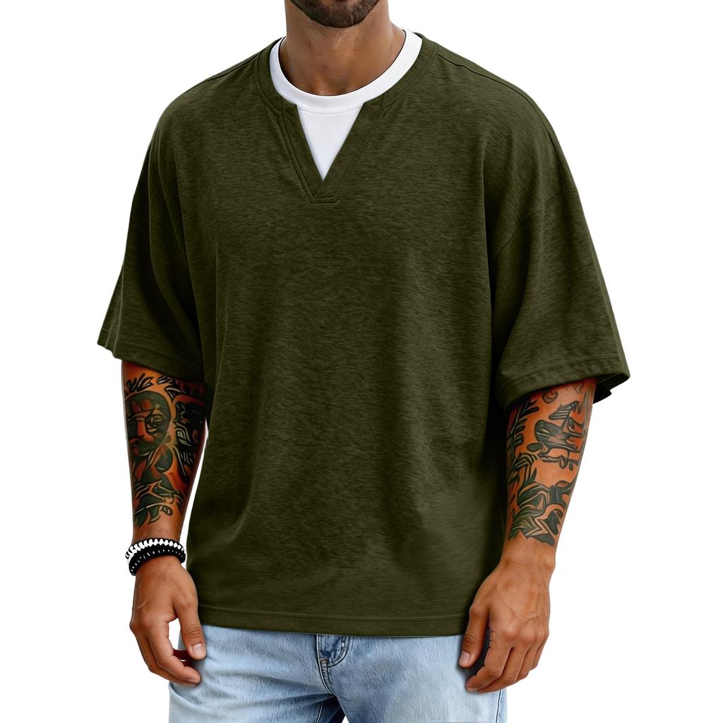 Men's Casual Color V-neck Fake Two-piece Breathable Short-sleeved Top