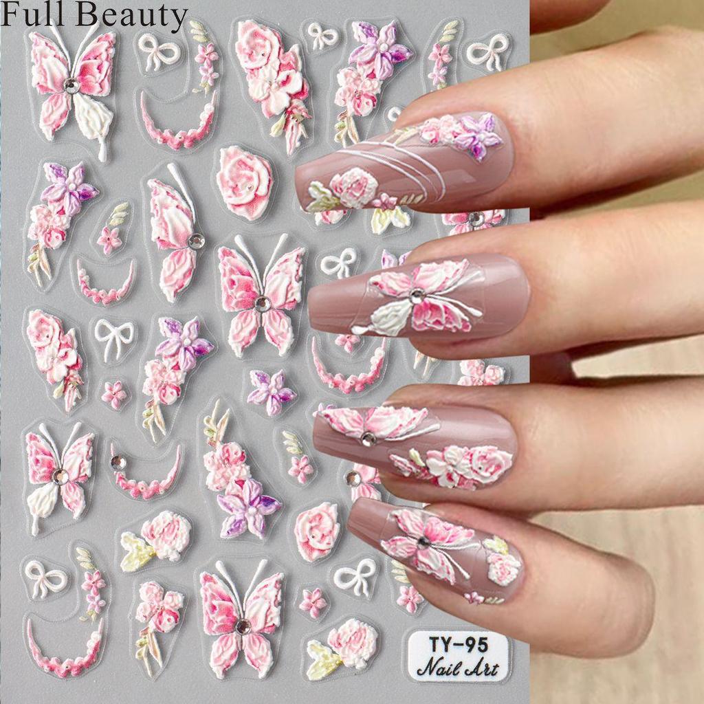 5D geprägte Nagelkunstaufkleber, rosa Blumen-Nagel-Abziehbilder, Gravur, florale Nagelschieber-Tipps