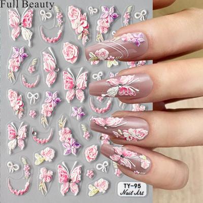 Adesivi 5D in rilievo per nail art Fiori rosa Decalcomanie per unghie Incisione Floreale Slider per unghie Punte