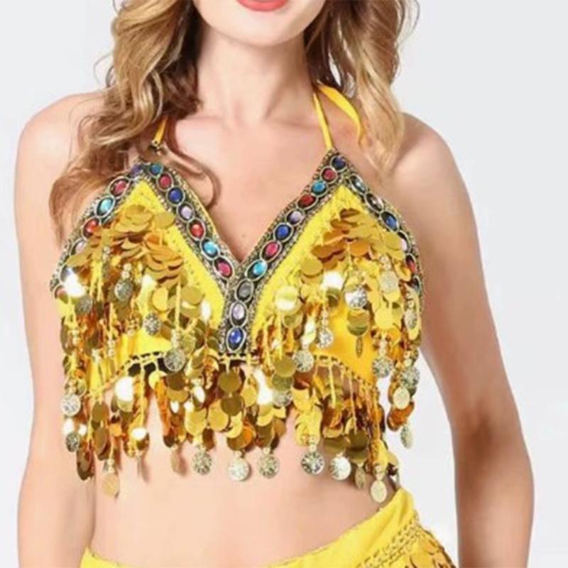 2Pcs Belly Dance Costume Set Women Belly Dance Outfit Sequins Bra Top Harems Pants Halloween Stage Performances Costume