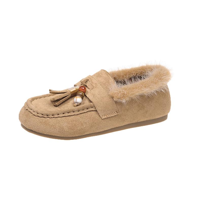 Boken shoes women's 2025 autumn new soft-soled suede one-pedal loafers beaded tassel fashion versatile cotton shoes