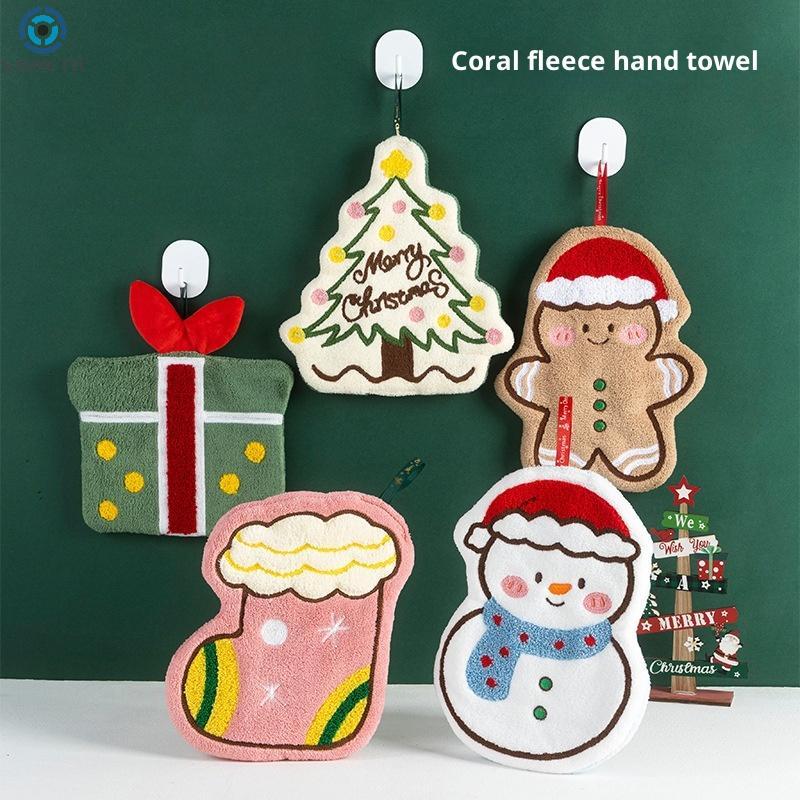 1PC Christmas Hand Towel Cartoon Gingerbread Man Snowman Socks Christmas Tree Gift Box Coral Fleece Towel Cleaning Cloth Rag