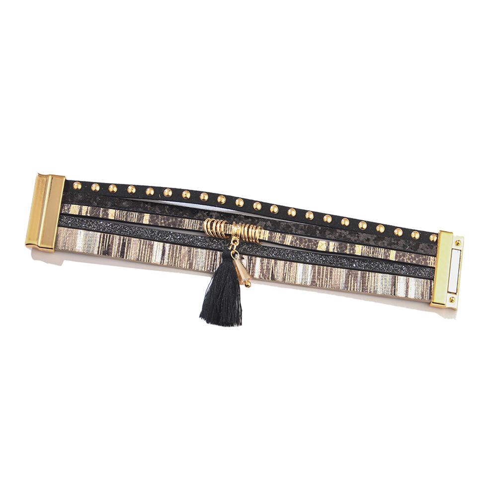 Стильный многослойный кожаный браслет с бахромой чёрный