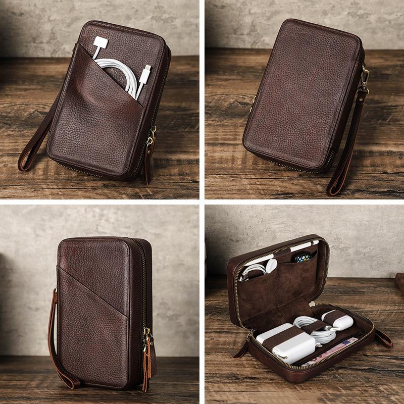 Genuine Leather Phone Cable Storage Bag Zipper Portable