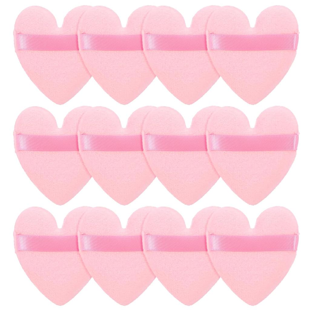 12Pcs Pink Face Powder Puff, Heart Shaped Loose Powder Puffs for Applying Face, Normal Size Soft Reusable Velour Makeup Setting Tool for Women