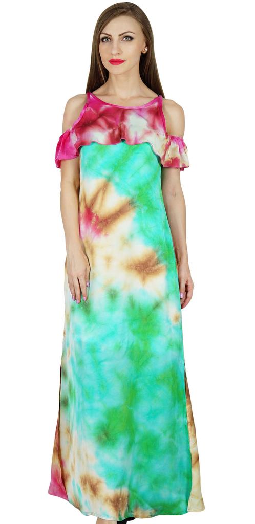 Bimba Women Chic Style Cold Shoulder Maxi Dress Tie Dye Holiday Resort
