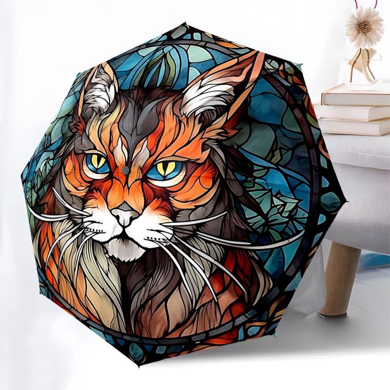

1pc Stained Glass Cat Design Automatic Opening Folding Umbrella with 8-Bone Iron Frame - Portable Outdoor for Fans, Travelers, Everyday Use, Festive G