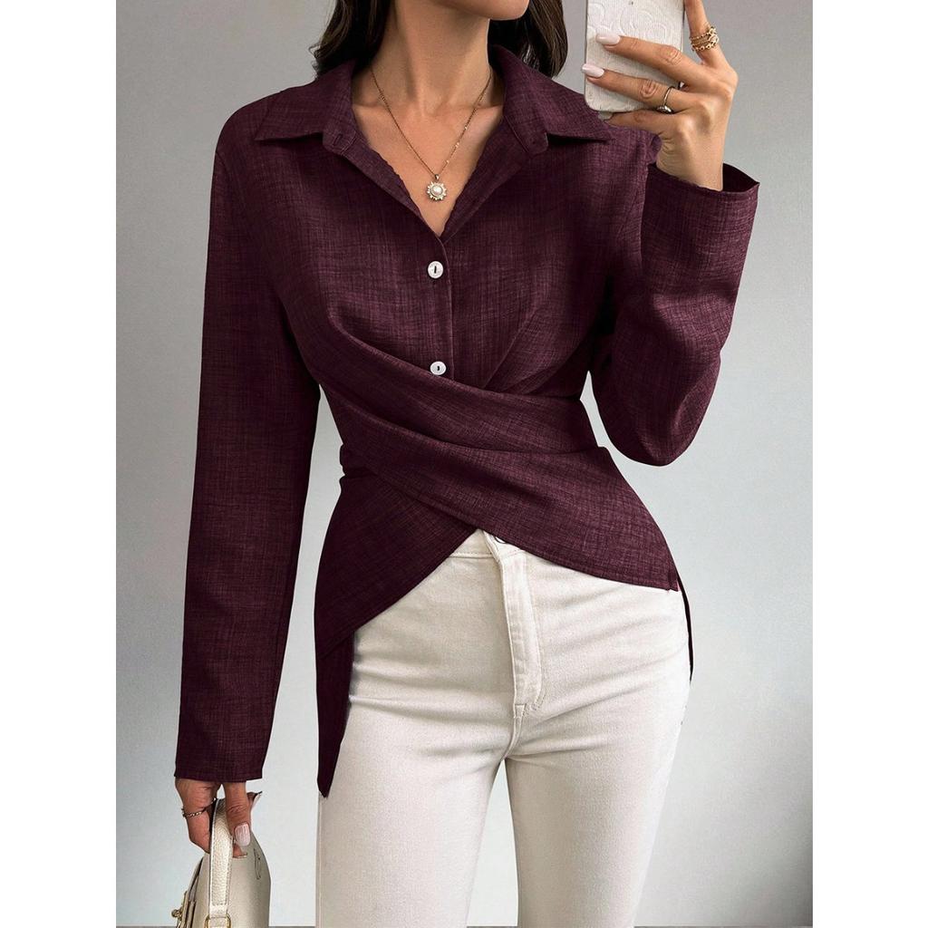 Spring and Autumn New Long Sleeve Shirt Lapel Strap Slim Temperament Commuter Cardigan Top
