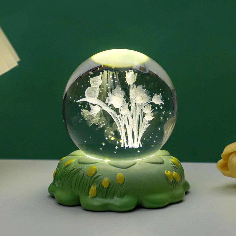 Tulip Crystal Ball 3D Night Light - Luminous Bedroom Ornament & Birthday Gift for Girls