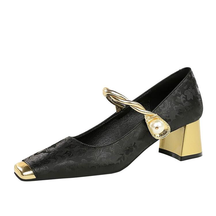 

Модные туфли в ретро-стиле, металлический средний каблук, комбинированная расцветка, одинарные туфли, темпераментные Мэри Джейн, жемчужная цепочка, банкетные, для通勤, женская обувь 39