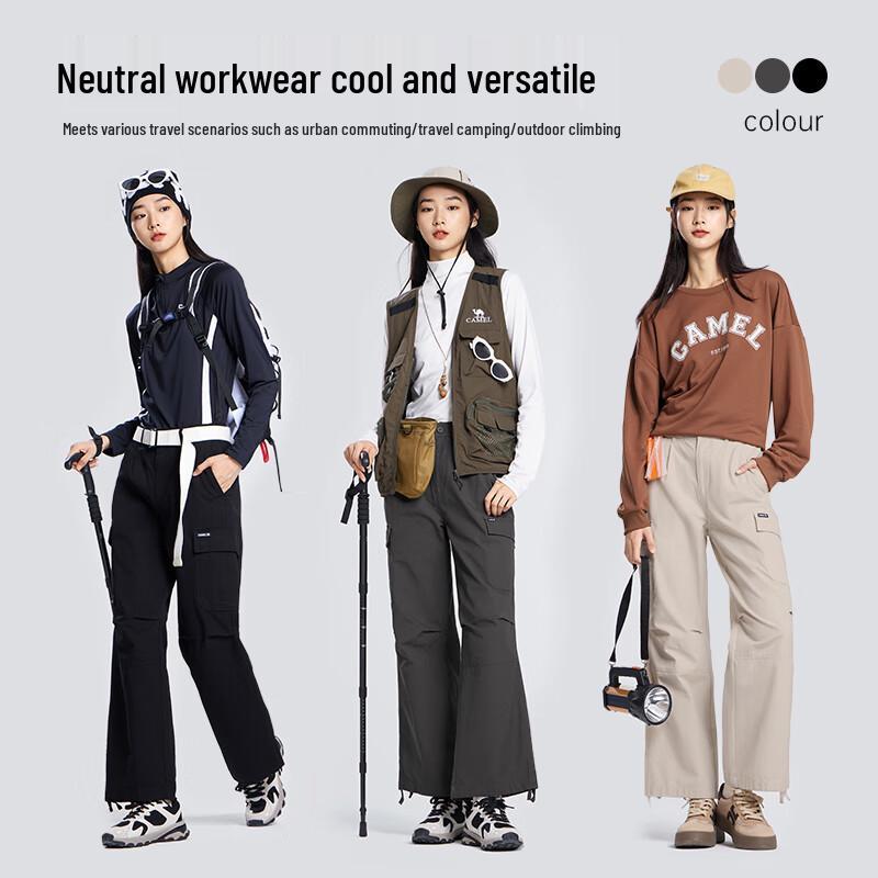 Camel Women's Casual Cotton Straight-Leg Cuffed Cargo Pants