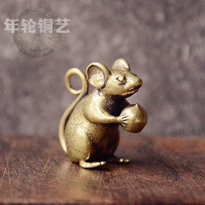Solid Brass Rat Holding Peach Keychain Animal Zodiac Charm Decorative Key Ring Bag Car Home
