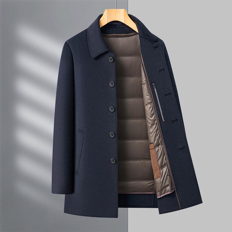 Men's Double-Faced Cashmere Overcoat with Detachable Down Lining - Business Casual Mid-Length for Middle-Aged Dads