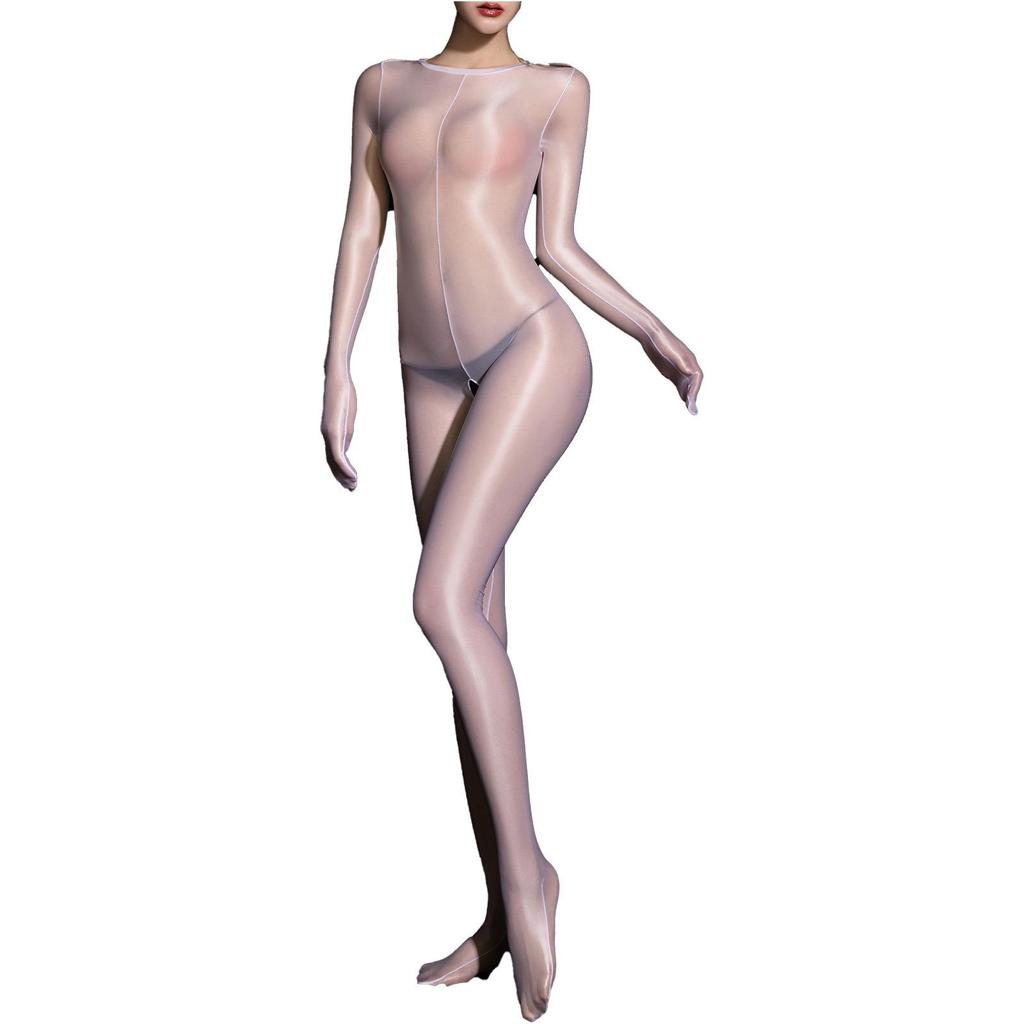 Women's Glossy Bodystocking Long Sleeve Bodysuit Sheer Jumpsuits Bodycon Bodystocking