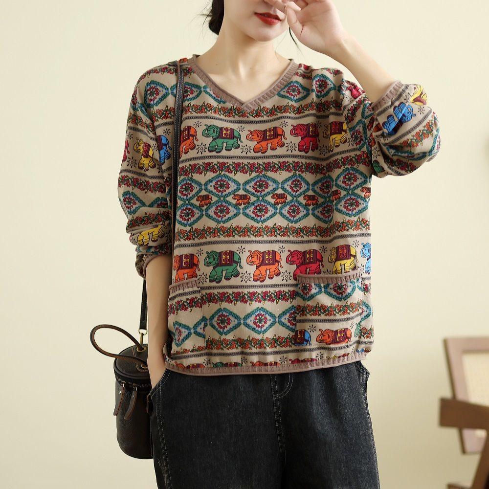 Retro National Style Cotton and Linen Long-sleeved V-neck Bottoming Shirt Women's Spring and Autumn Thin Loose and Thin Linen Pullover T-shirt Top