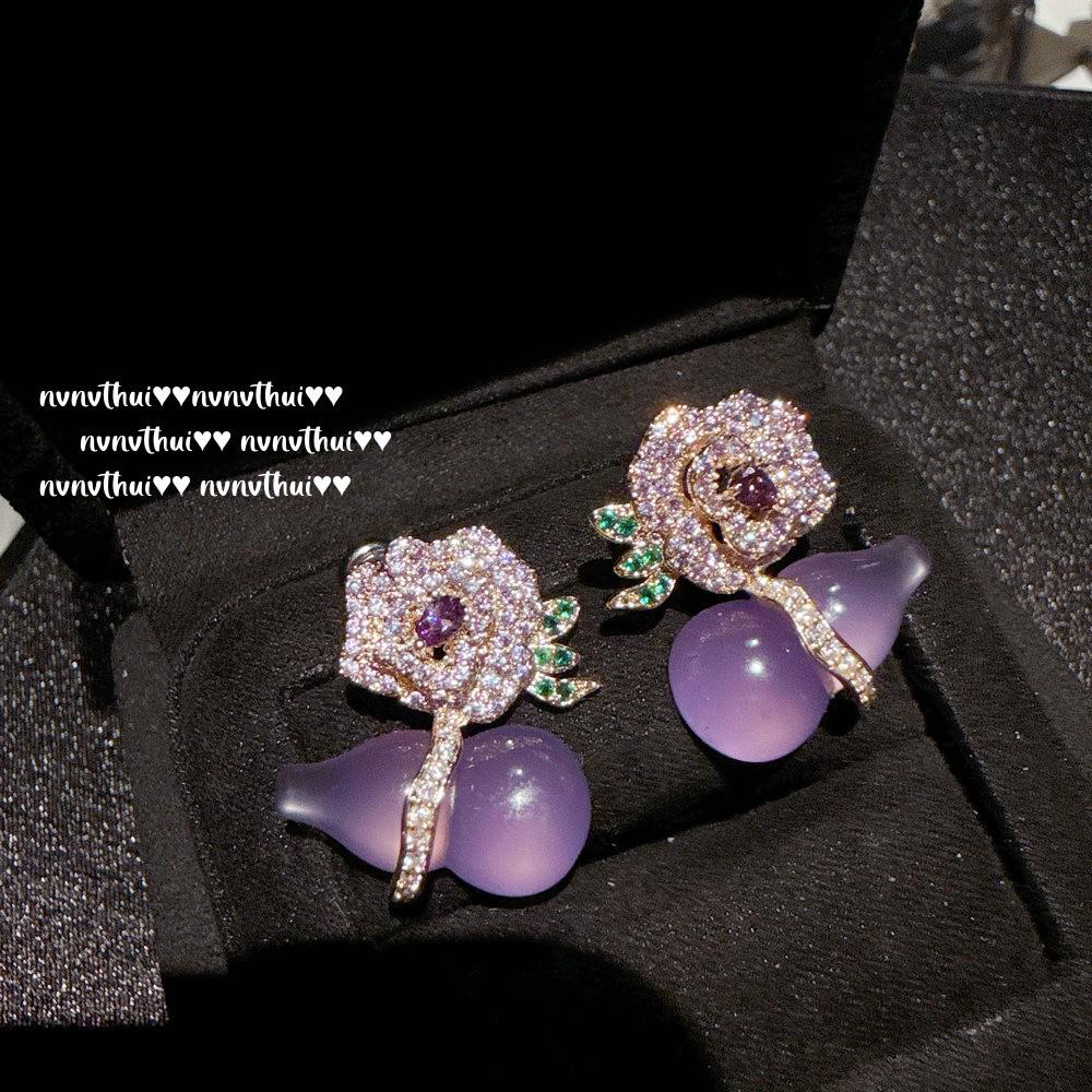 Madagascar Purple Chalcedony Gourd Dangle Earrings - New Chinese Style Floral Design