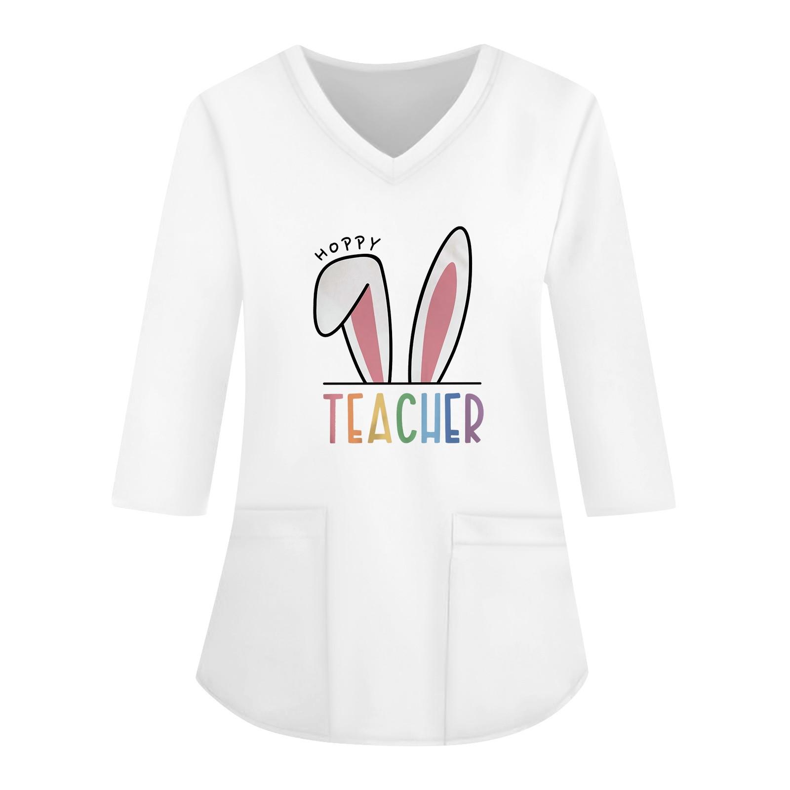 

Модная женская рабочая одежда с v-образным вырезом и рукавами 3/4, свободные топы с карманами и принтом L бежевый