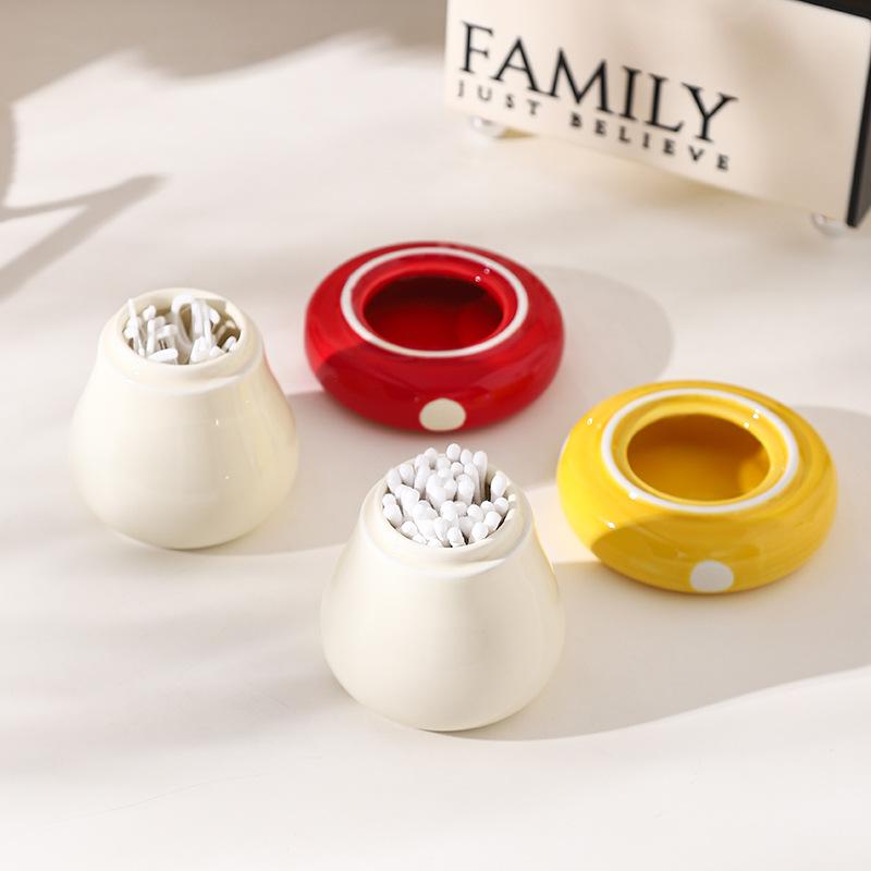 Cute Mushroom Ceramic Toothpick Holder Cotton Swab Storage Jar for Home Living Room Desktop Organizer