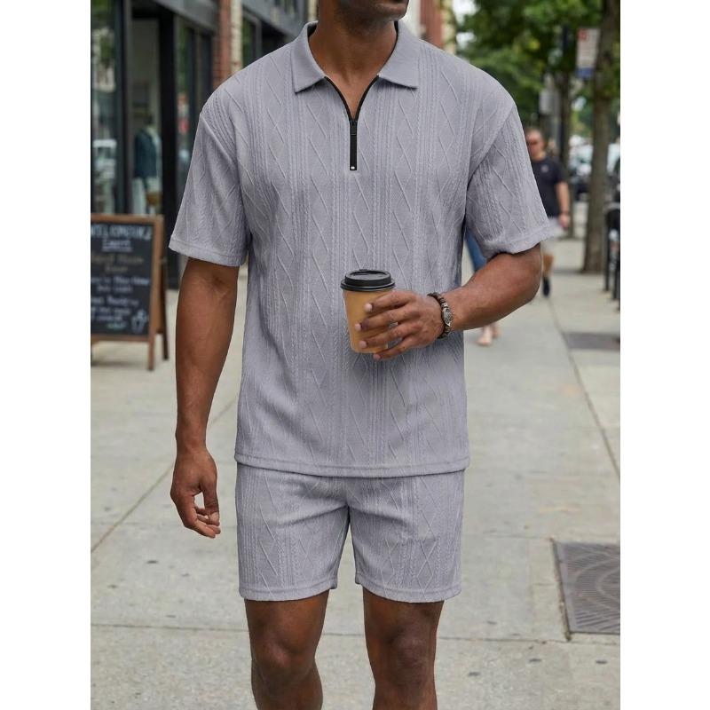 Men's Textured Knit Half Zip Polo Shirt And Shorts Two Piece Set