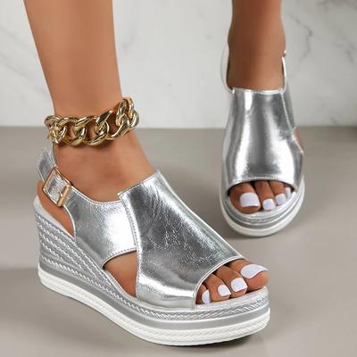 Silver PU Läder Kilklackssandaler för Kvinnor Sommar Sexiga Utskurna Peep Toe Platåskor Kvinna Mode Stor Storlek Festskor