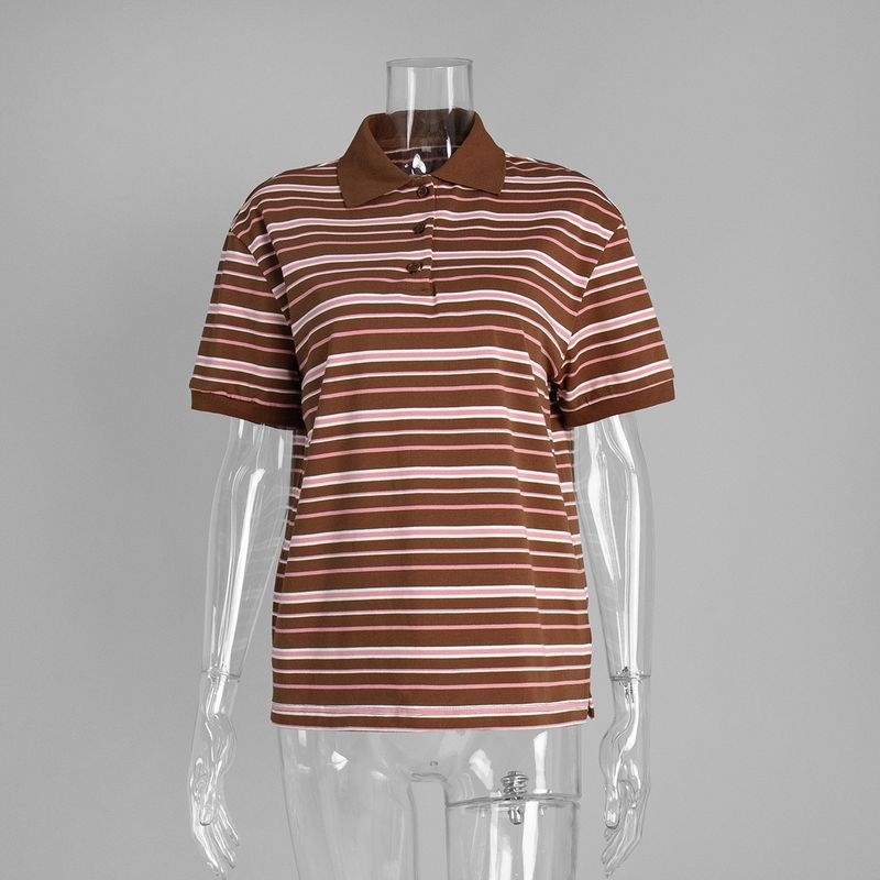 Western Style Fashion Casual Loose Stripe Short T-shirt Polo Shirt Fashion Striped Polo Shirt