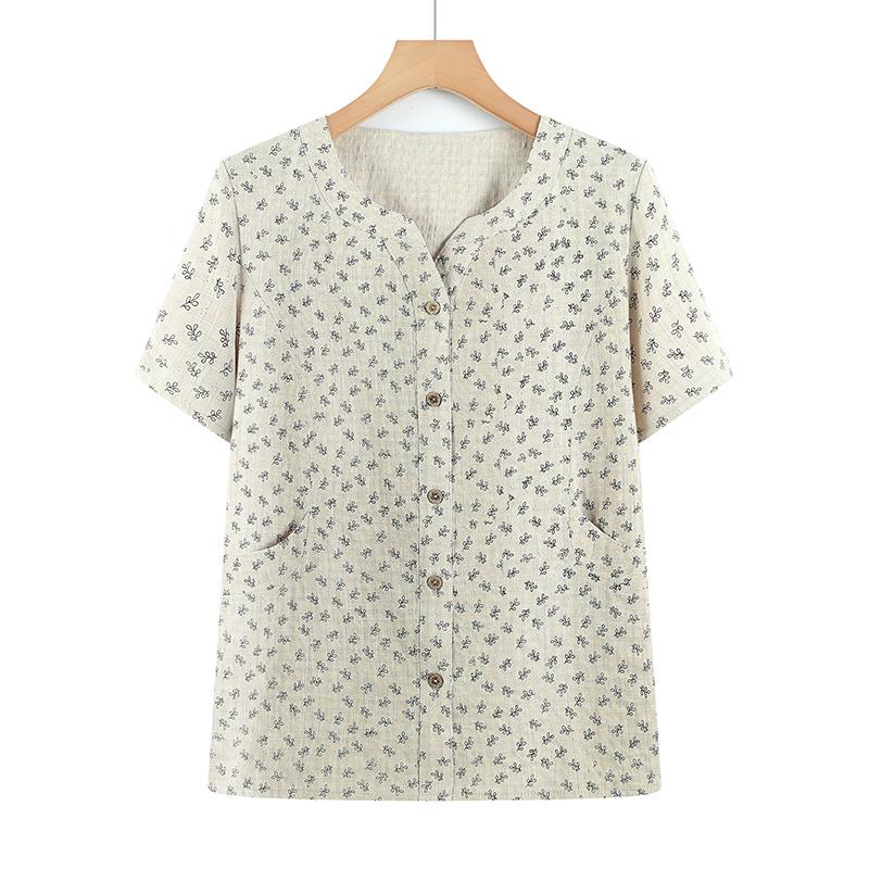 

Summer Floral Short-Sleeve T-Shirt and Cardigan Set for Middle-Aged and Elderly Women. L 80-105 lbs