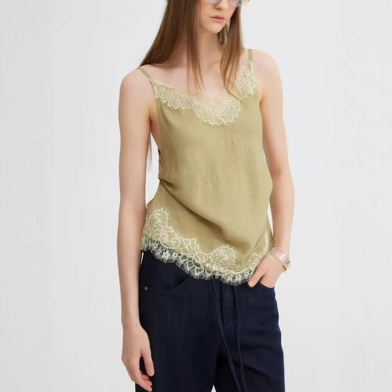 GlowGirl French Atmosphere Lace Trim Splice V-neck Lace Strap Vest Polyester Fiber Casual Commute Style Women s Fashion Summer Top L