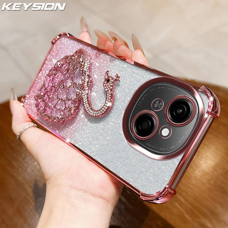 KEYSION Nárazuvzdorné pokovované TPU puzdro na telefón pre TECNO Spark Go 1 1S Go 2025 Trblietavé zdobené labuť so stojanom Zadný kryt pre Pop9 4G