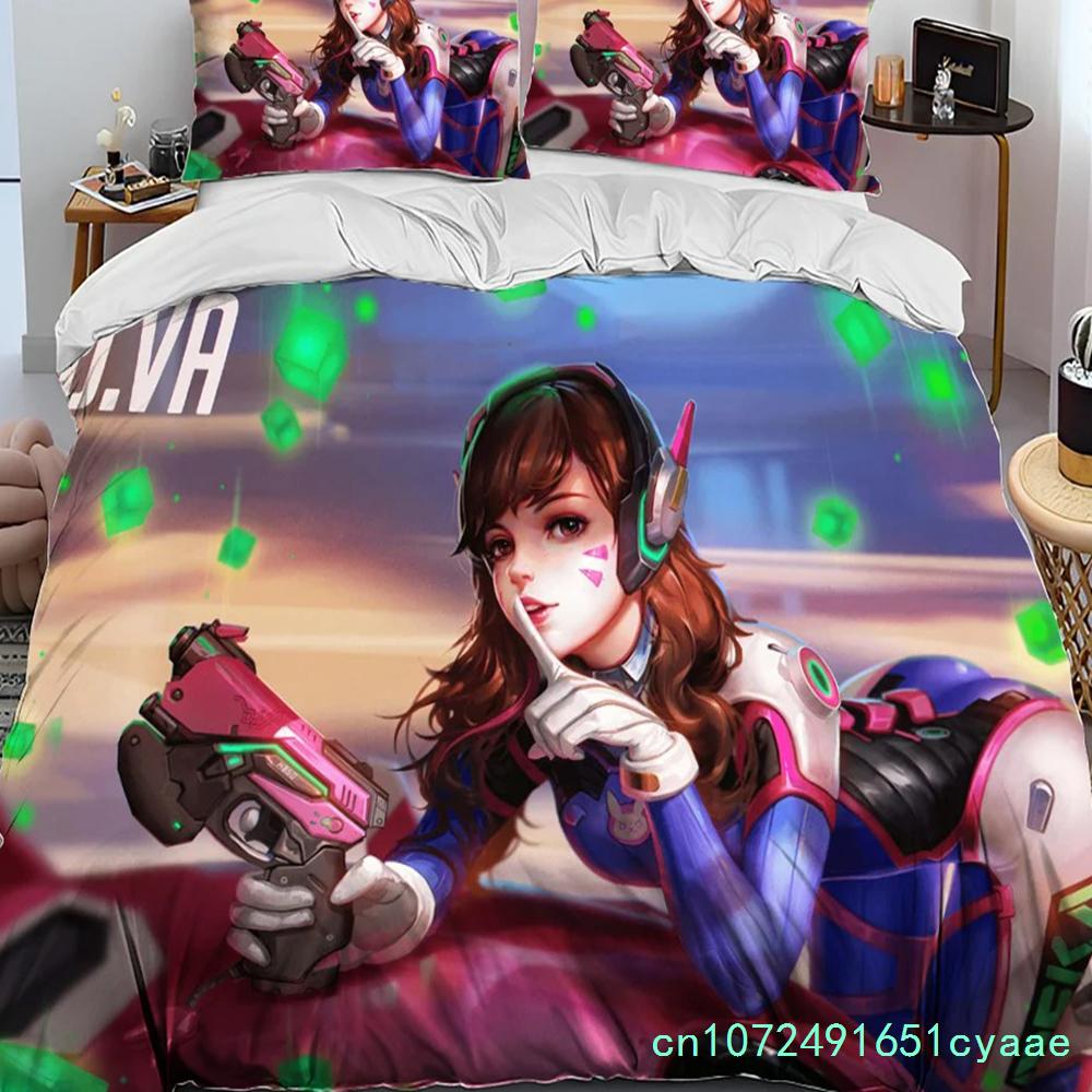 OW Overwatch Hra Hráč DVA Přikrývka Sada povlečení, Povlak na peřinu Sada povlečení Povlak na přikrývku Povlak na polštář, Královská Královna Velikost Sada povlečení Děti 3D