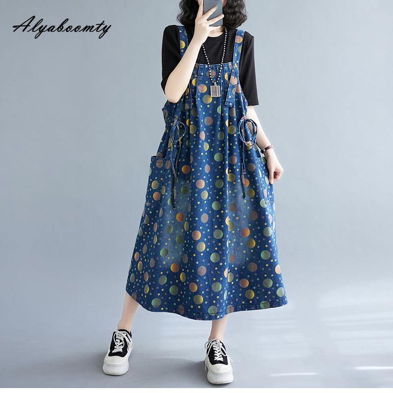 Letní ženy v korejském stylu Potisk Džínovina Midi Sundress Podvazky Vintage Ležérní Šaty s volným šněrováním Stylové pytlovité šaty s kapsami bez rukávů