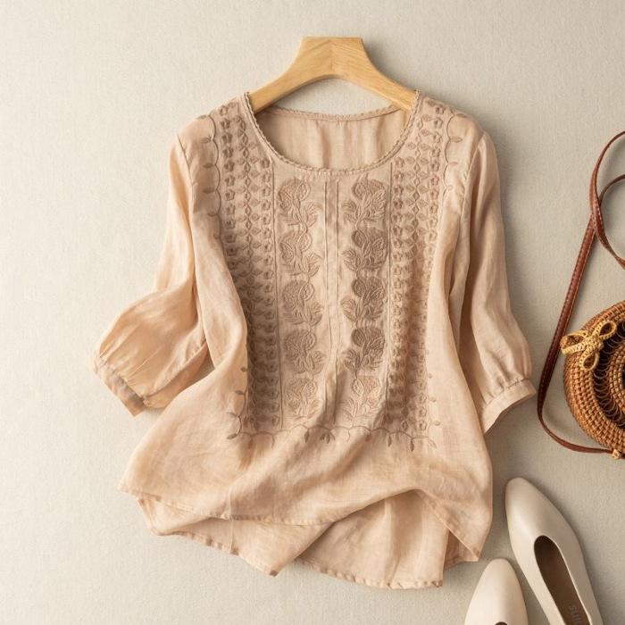 Sommer Elegante Shirts Damen O-Ausschnitt Blumenstickerei Bluse 3/4 Ärmel Arbeits-Tops Causal Lockeres Oberteil