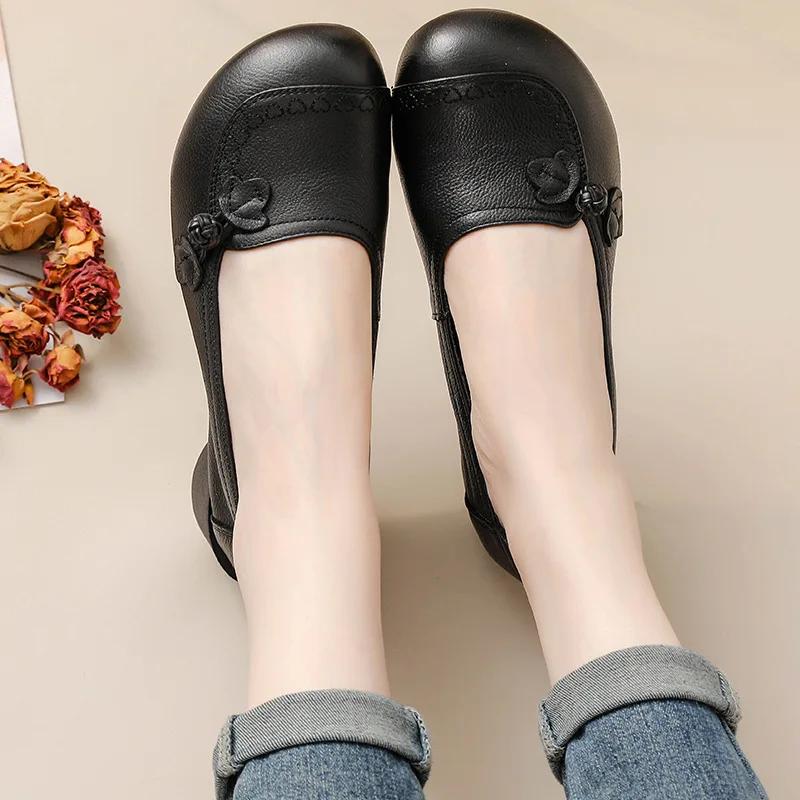 Comfort Soft Cowhide Women's Shoes Retro Ethnic Style Shoes Genuine Leather Single Shoes Square Heeled Autumn Loafers Female
