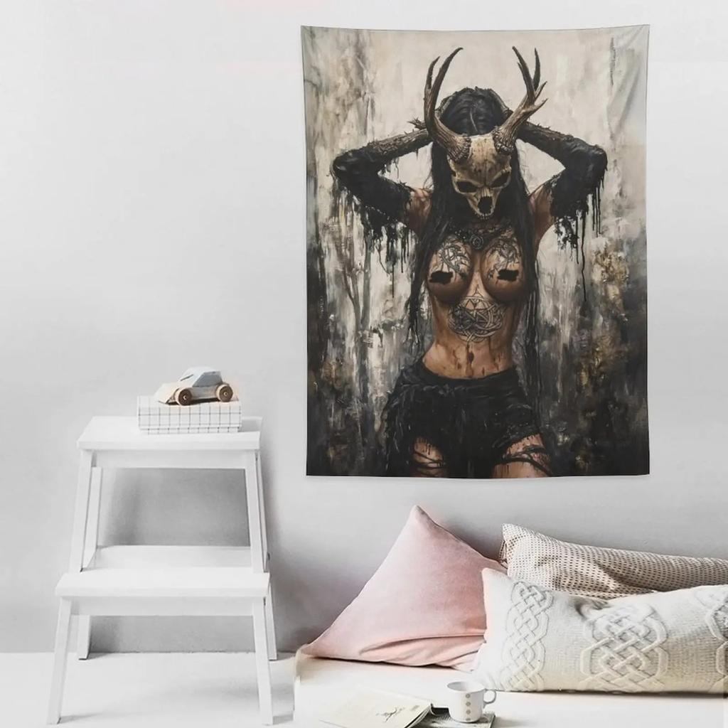 Deer Antler Skull Witch Dark Gothic Wall Tapestry Beige Black Horned Woman Tattoo Forest Occult Pagan Art Bedroom Living